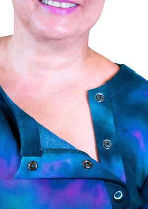 woman wearing chemo shirt for chest catheter. close up view