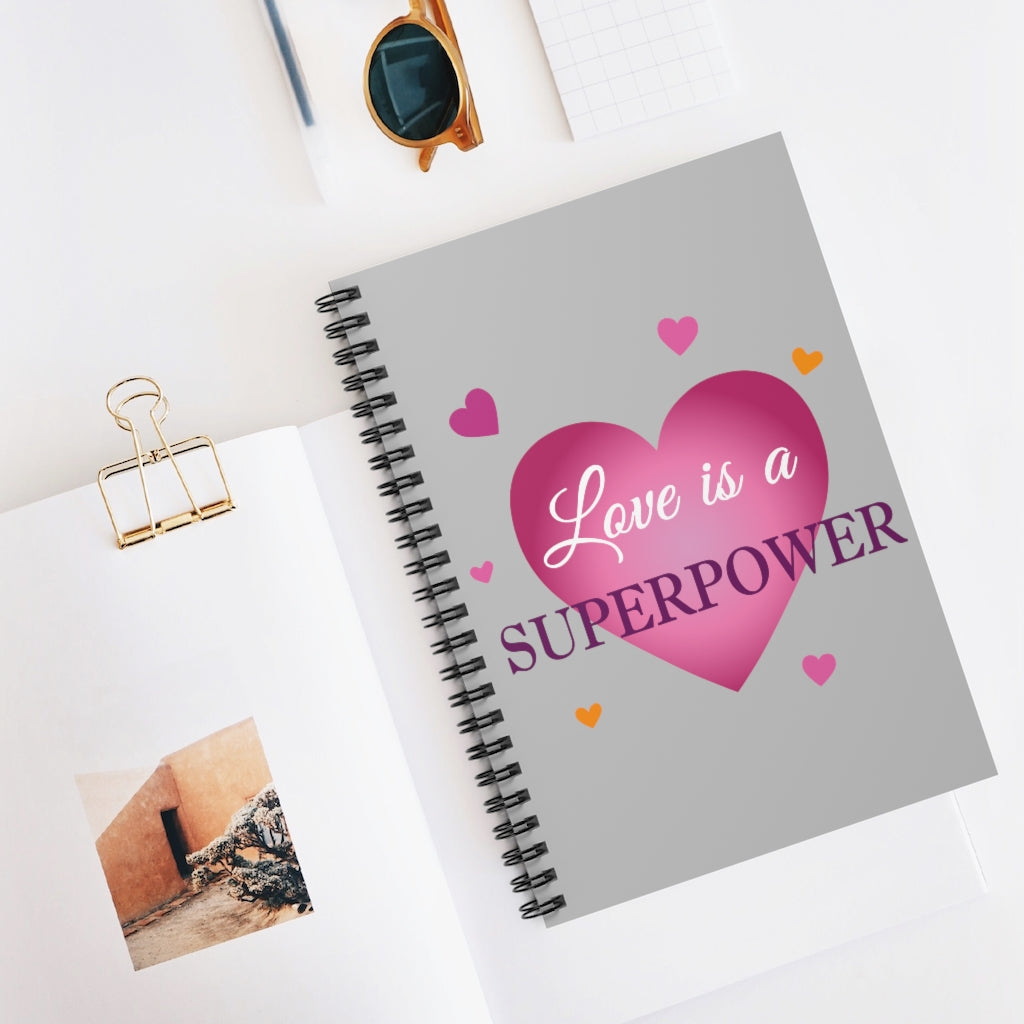 Spiral Notebook - Ruled Line with "love is a Superpower" Message front 4