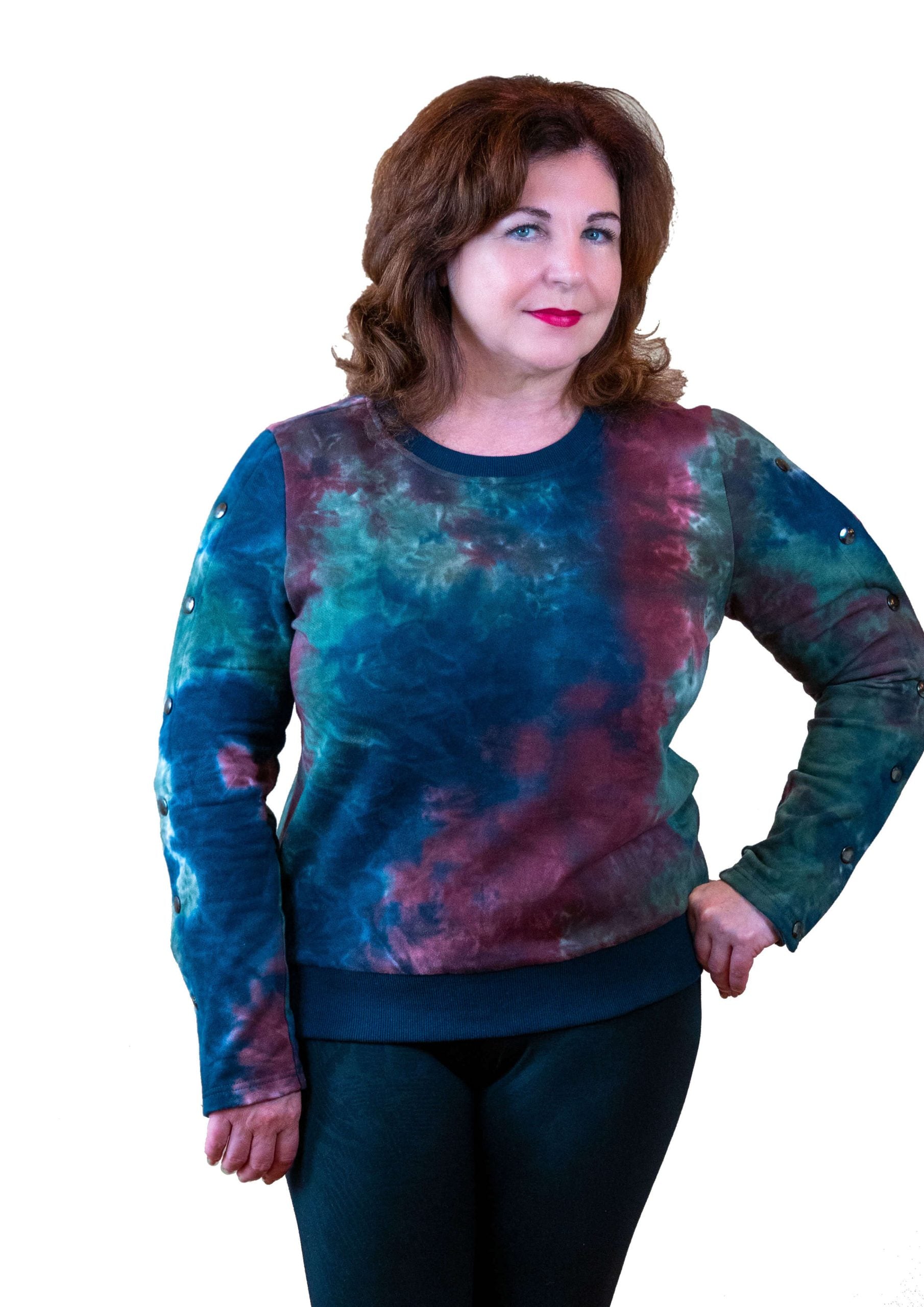 Dialysis shirt with easy dual arm accesses port. dialysis patient gift. Tie dye front view