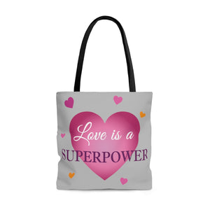 Tote Bag With "Love is a Superpower" Message front view