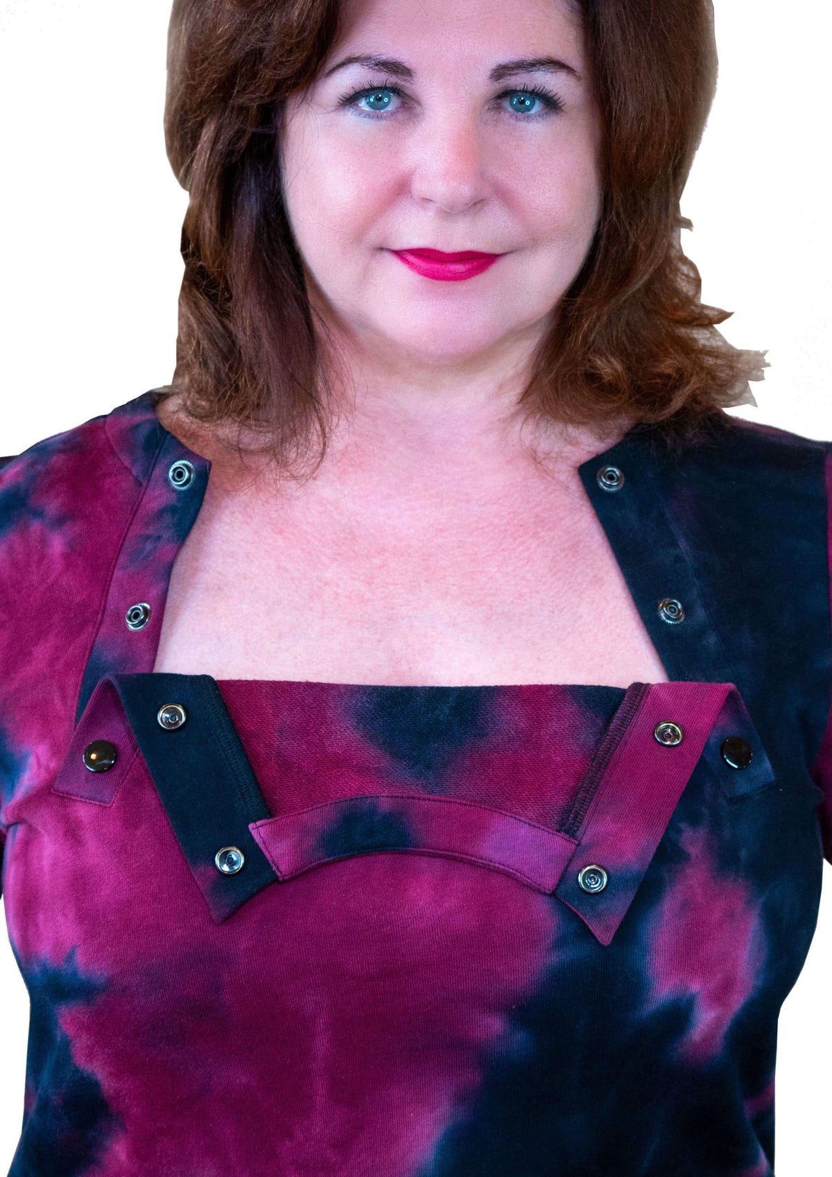 woman wearing chemotherapy shirt. front view for dual chest port access