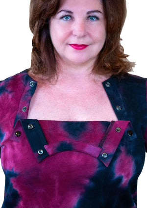 woman wearing chemotherapy shirt. front view for dual chest port access