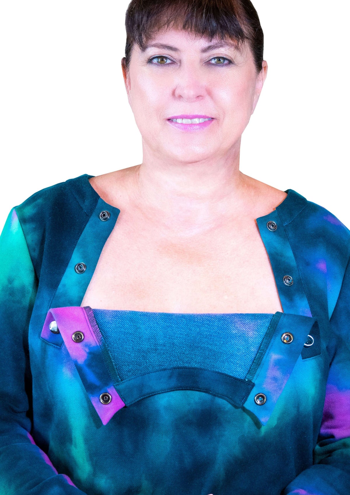 Woman wearing chemotherapy shirt with dual accesses port teal combo front close up