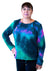 Woman wearing Chemotherapy shirt, Dialysis shirt with easy chest port access. front view