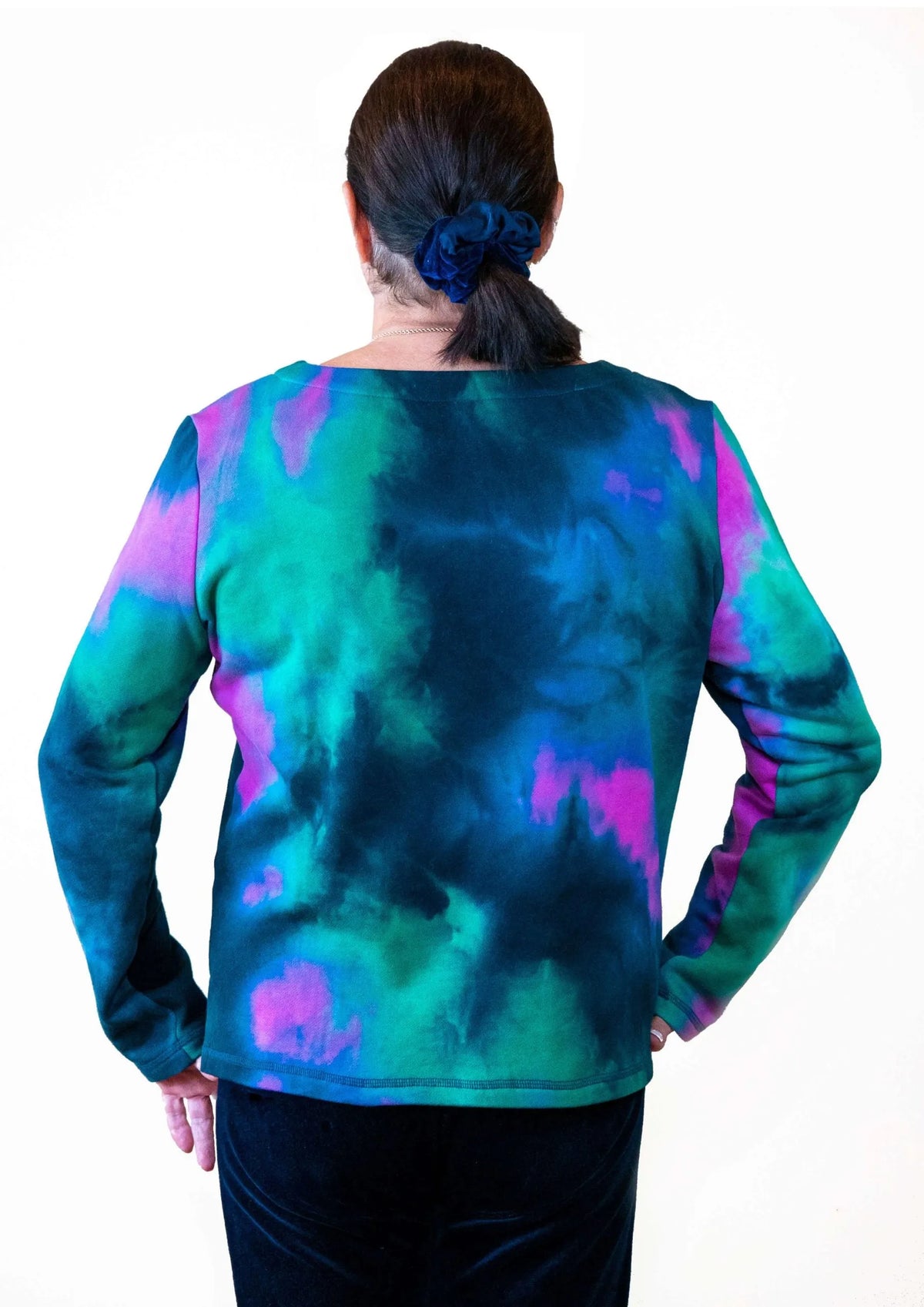 Woman wearing Chemotherapy shirt with dual accesses chest port back view