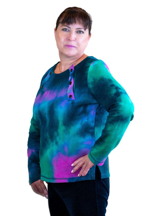 Woman Wearing Chemotherapy shirt with dual accesses chest port