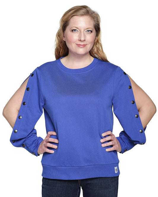 Dialysis Shirt Women’s Long Sleeve, Arm port accessable, PICC Line Accesses, Mid or Upper Arm AV Fistula, Infusions, Post Surgery Recovery, Royal Blue