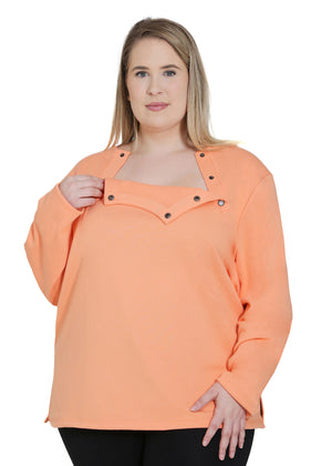 Long-Sleeve Chemo Plus Size Shirt for Women, with Easy Chest Port Access Makes a Perfect Chemo-Patient Gift Coral Front Half Open
