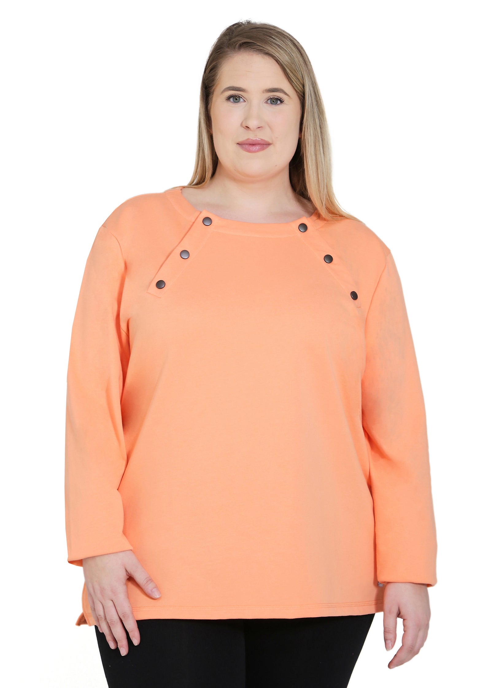 Long-Sleeve Chemo Plus Size Shirt for Women, with Easy Chest Port Access Makes a Perfect Chemo-Patient Gift Coral Front
