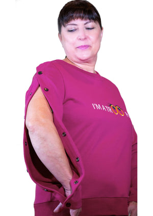 Woman wearing Dialysis shirt with easy dual arm accesses port, Hemowear. I’m a trooper sleeve closeup