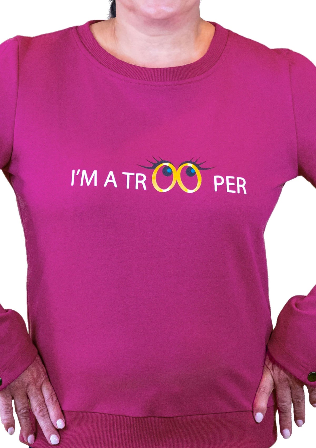 Woman wearing Dialysis shirt with easy dual arm accesses port, I’m a trooper front closeup